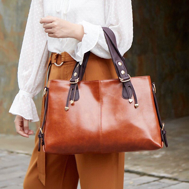 Image of Women Faux Leather Retro Lychee Pattern Large Capacity Handbag Shoulder Bag Crossbody Bag Tote