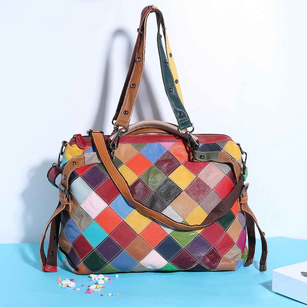 Image of Women Genuine Leather Contrasting Color Plaid Stitching Crossbody Bag Large-capacity Waterproof Shoulder Bag Handbag