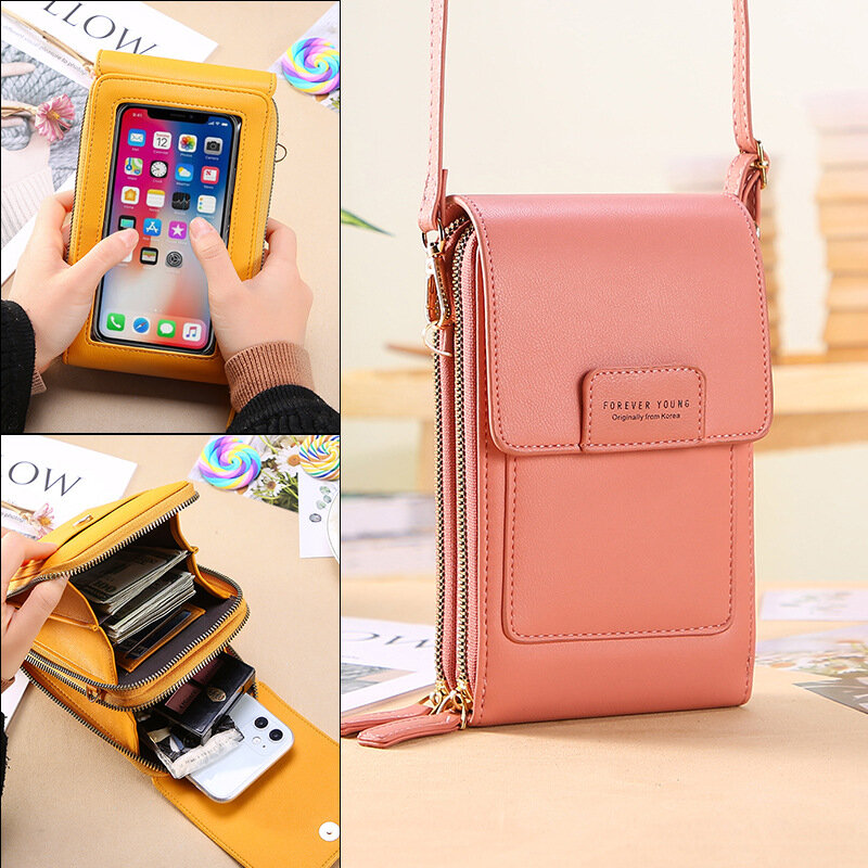 Image of Women Multi-slots Flap Magnetic Button Stitch Detail Crossbody Bag Multi-pockets Touch Screen On The Back 7 Inch Phone B
