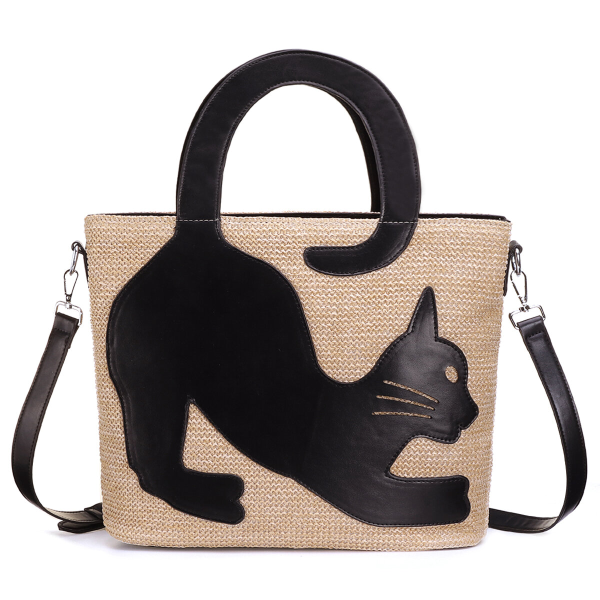 Image of Women Straw Artificial Leather Cat Patch Crossbody Bag Large Capacity Versatile Beach Shoulder Bag Handbag