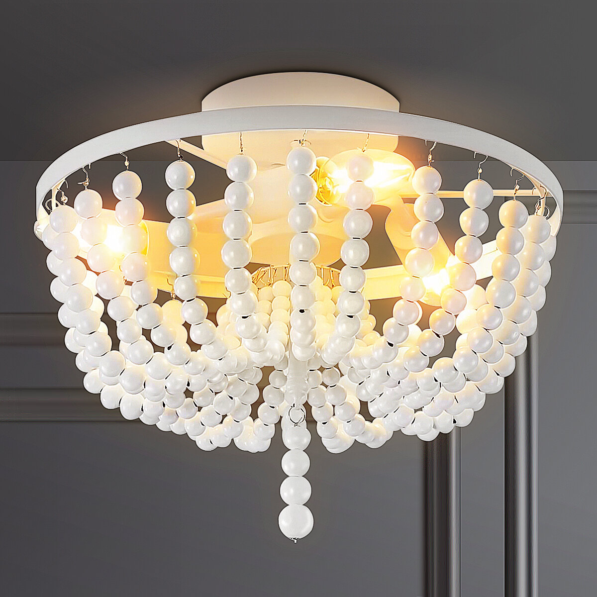 Image of Wooden Bead Chandelier Lighting Fixture Retro Wood Ceiling Pendant Light White Without Bulbs