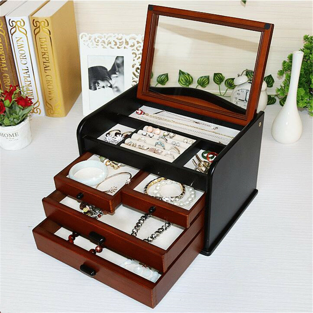 Image of Wooden Jewellery Storage Box Multifunctional Solid Wood Jewelry Watch Box