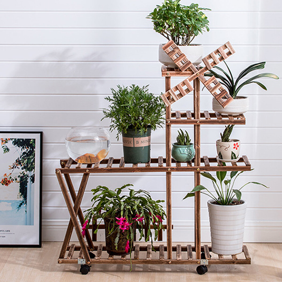 Image of Wooden Plant Stand Garden Planter Flower Pots Stand Shelf Indoor Outdoor