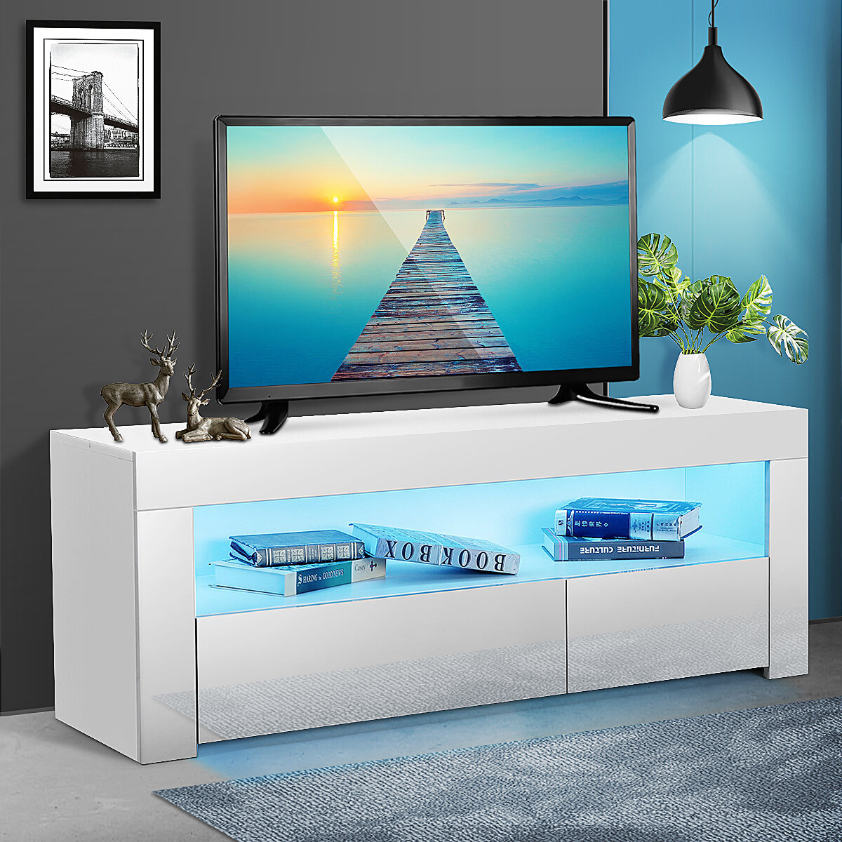 Image of Woodyhome 47" High Gloss TV Stand with LED Lights High Storage Space TV Console HolderEasy to Install for Home Bedroom