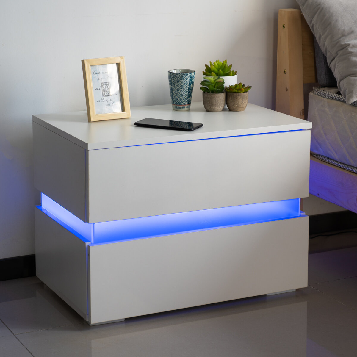 Image of Woodyhome 60*39*45cm High Gloss LED Light Nightstands w/2 Drawers Modern Bedside File Cabinet Holder Chest Table for Hom