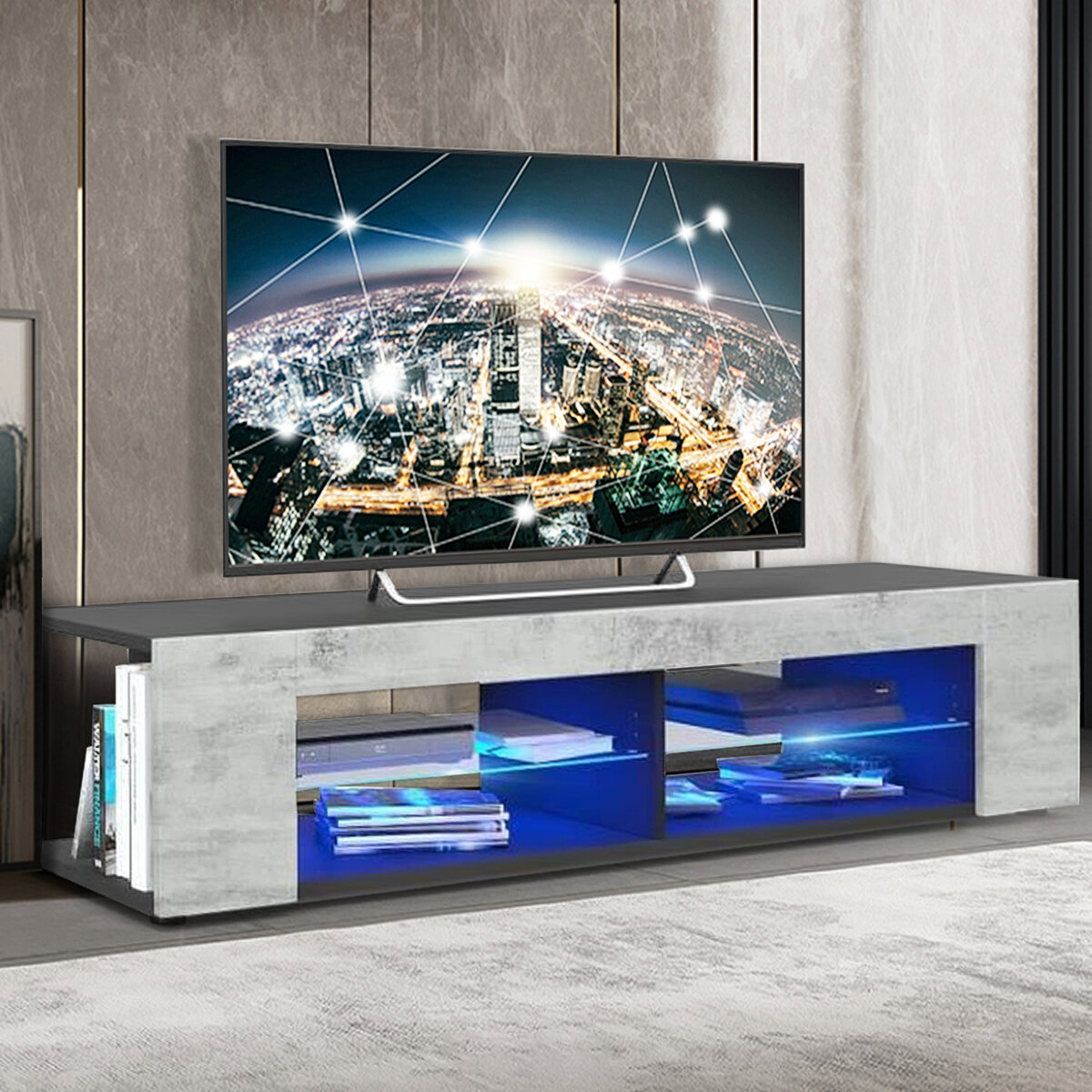Image of Woodyhome High Gloss TV Stand with LED Lights Modern TV Console Storage Holder with 4 Open Layers Entertainment Center f