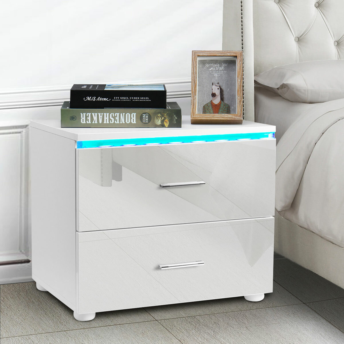 Image of Woodyhome LED Nightstand with 2 Glossy Drawer Modern Bedside End Table White