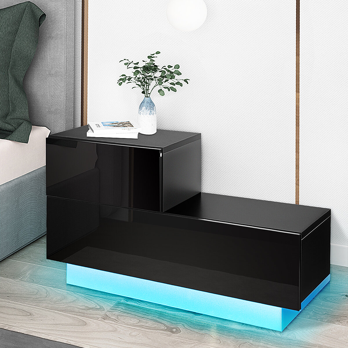 Image of Woodyhome Nightstand with Multi-colour RGB LED Backlight Modern High Gloss Bedside Table with 2 Drawers for Home and Off