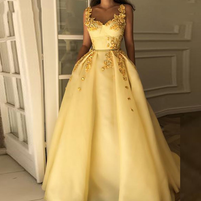 Image of Yellow Muslim Formal Dress Sweetheart Flower Straps Islamic Dubai Saudi Arabic Long Elegant Evening Gown Prom Dresses