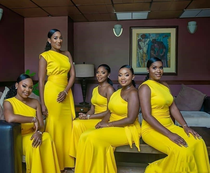 Image of Yellow One Shoulder Sheath Bridesmaid Dresses African Satin Mermaid Prom Party Dress With Sash Pleats Long Formal Wedding Guest Gowns