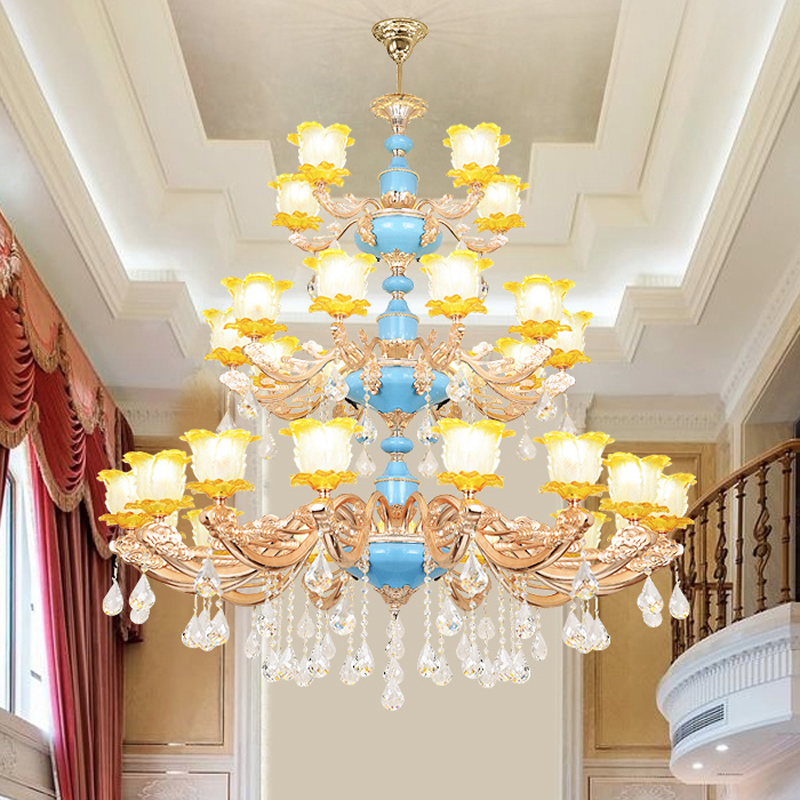 Image of Zinc Alloy Crystal Chandelier 30 Head led Crystal Lamp Villa Living room Stair Large Chandeliers Hotel Three Layers Engineering Pendant Lamps