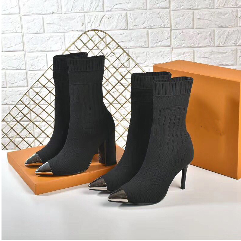 Image of autumn winter socks heeled heel boots fashion sexy Knitted elastic boot designer Alphabetic pointed women shoes lady Letter Thick high heels