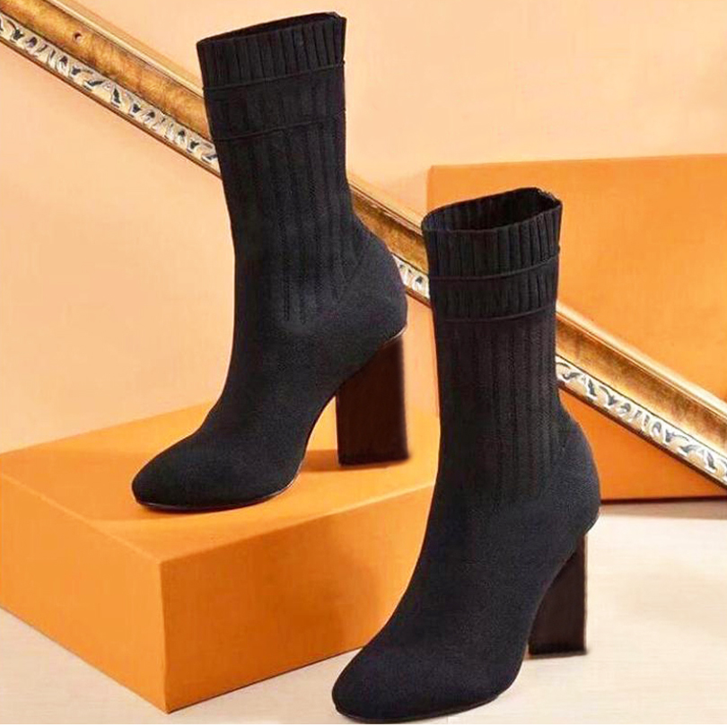 Image of autumn winter socks heeled heel boots fashion sexy Knitted elastic boot designer Alphabetic women shoes lady Letter Thick high heels Large s