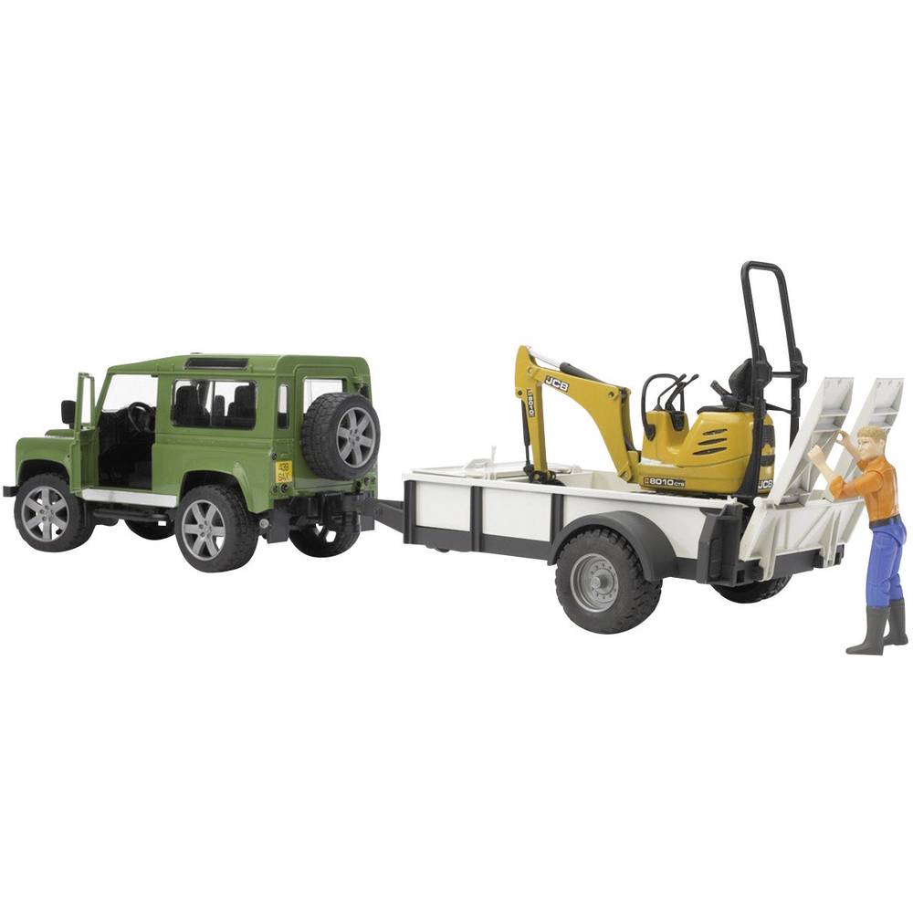 Image of bruder Brother Land Rover Defender Station Wagon with single-axle trailer JCB micro excavators and construction