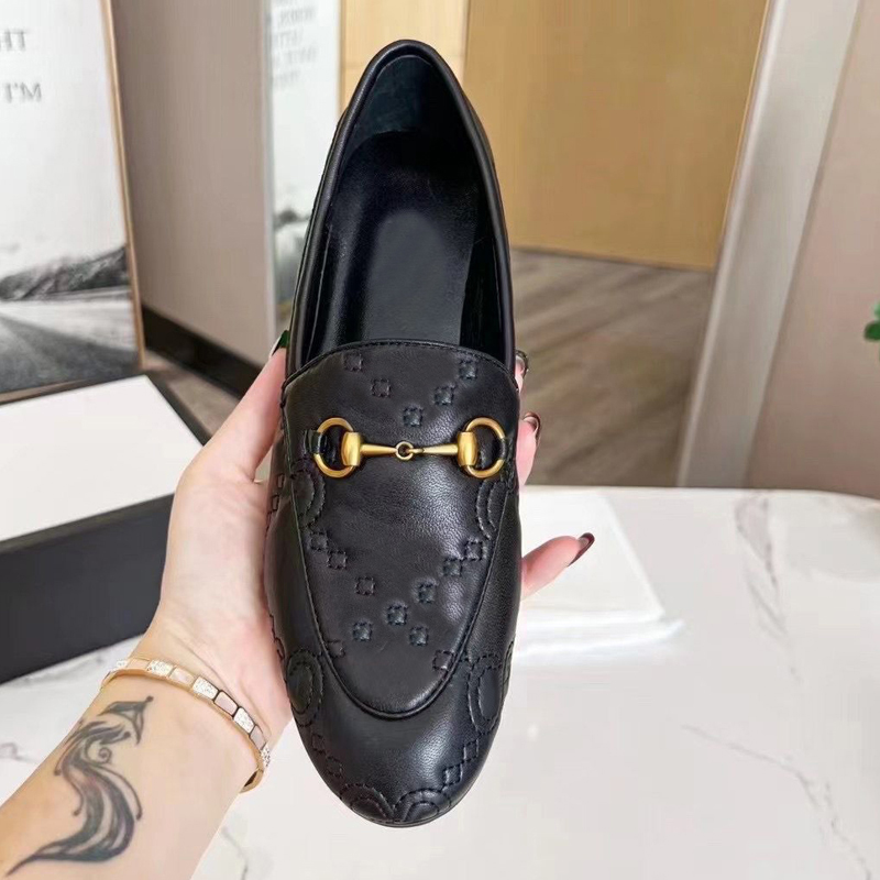 Image of classic women Dress shoes Authentic cowhide Metal buckle Lady leather Letter Work shoe Mules Princetown Men Trample Lazy Loafers Flat bottom