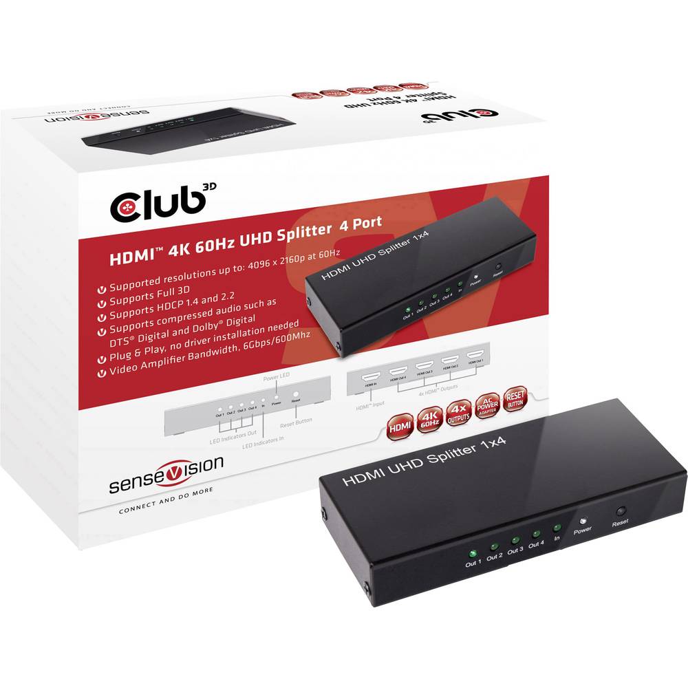 Image of club3D CSV-1380 4 ports HDMI splitter 4096 x 2160 p Black