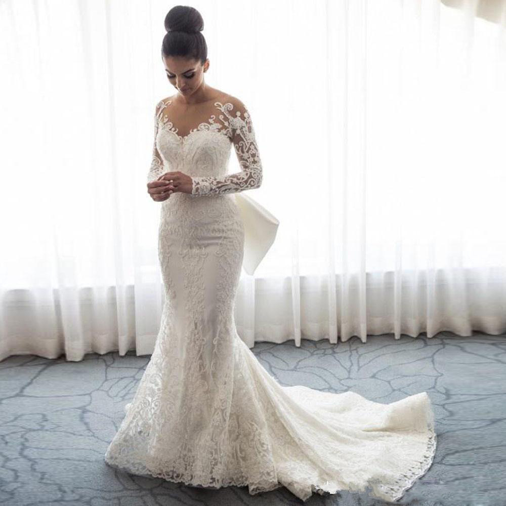 Image of dress Mermaid Lace Wedding Dresses Detachable Train Vestidos De Novia Long Sleeve Bridal Gowns Custom Made Tail applique Slim