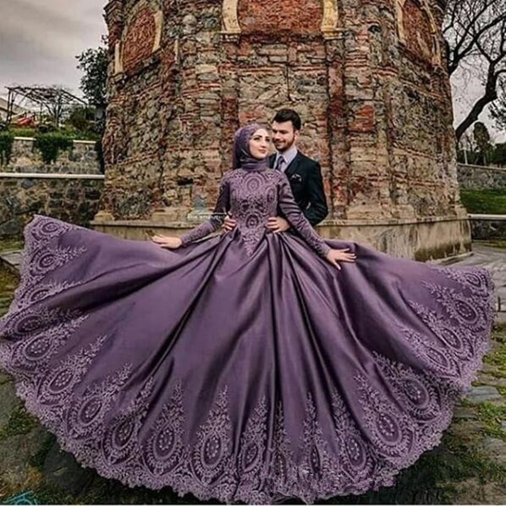Image of gorgeous Arabic Purple Muslim Wedding Dress Turkish Lace Applique high neck Islamic Bridal Dresses Long Sleeve Gown