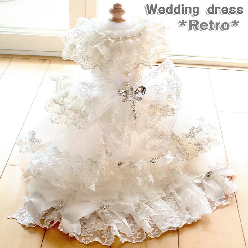 Image of handmade dog apparel clothes pet wedding trailing dress gorgeous white lace Princess Gown poodle Maltese