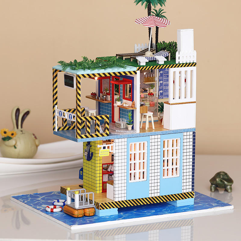 Image of iiecreate K-038 Doll House DIY Sea Post Station Miniature Furnish With Cover Music Movement Gift Decor Toys