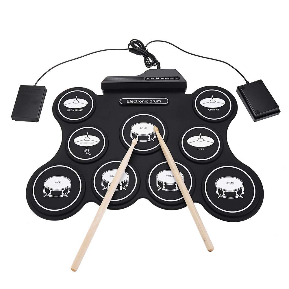 Image of iword G4009 9 Pads Electronic Drum Portable Roll Up Drum Kit USB MIDI Drum with Drumsticks Foot Pedal for Beginners