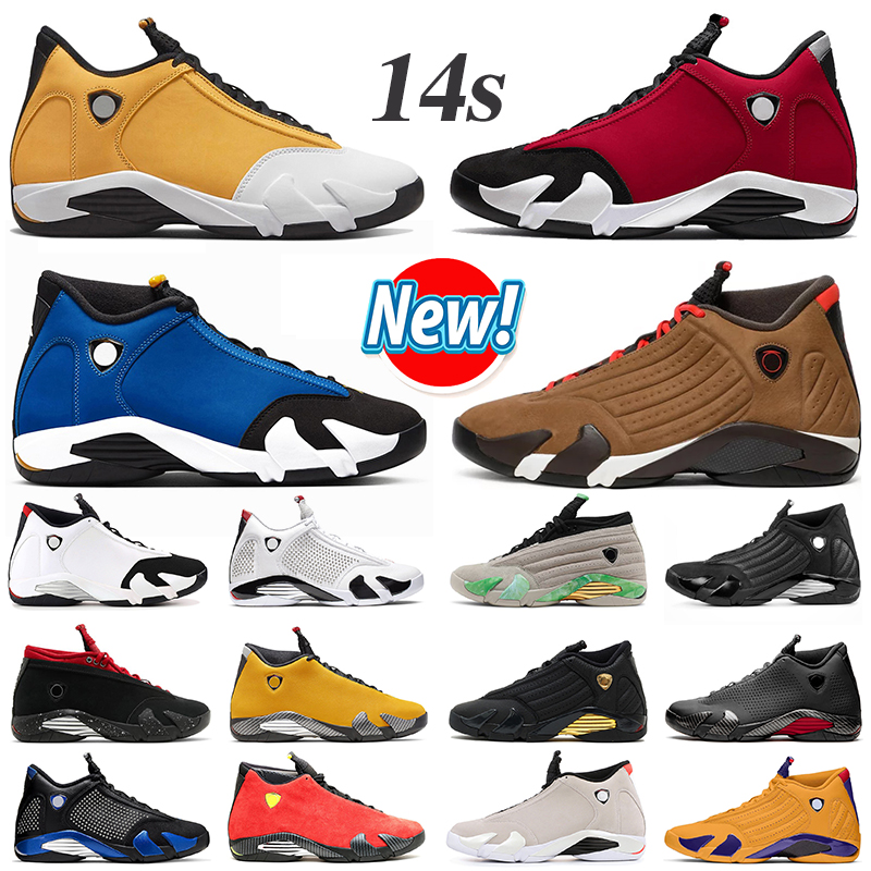 Image of jumpman 14 14s men basketball shoes Laney gonger candy cane gym red black toe Hyper Royal thunder Winterized Archaeo Brown mens trainers out