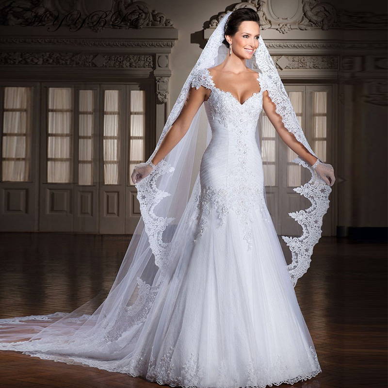 Image of wedding dress Designer Lace Appliques V Neckline Cap Sleeves Mermaid Elegant Bridal Vestido de noiva