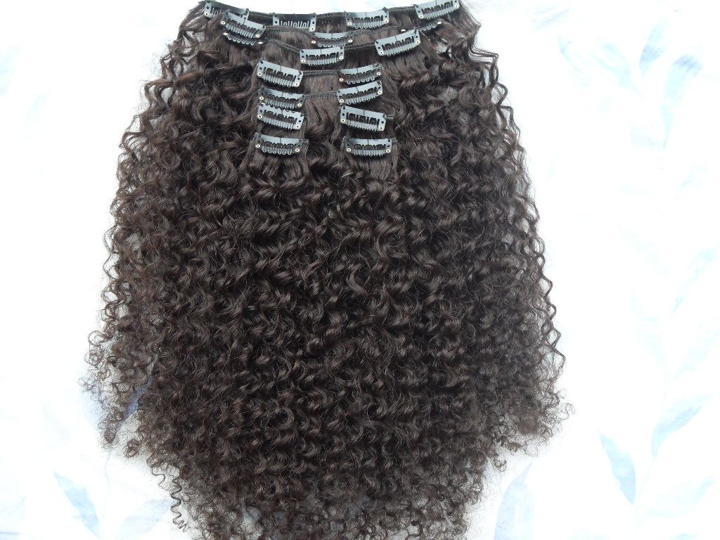 Image of wholesale brazilian human hair extensions kinky curly clip in weaves dark brown color 9 pcs one bundle